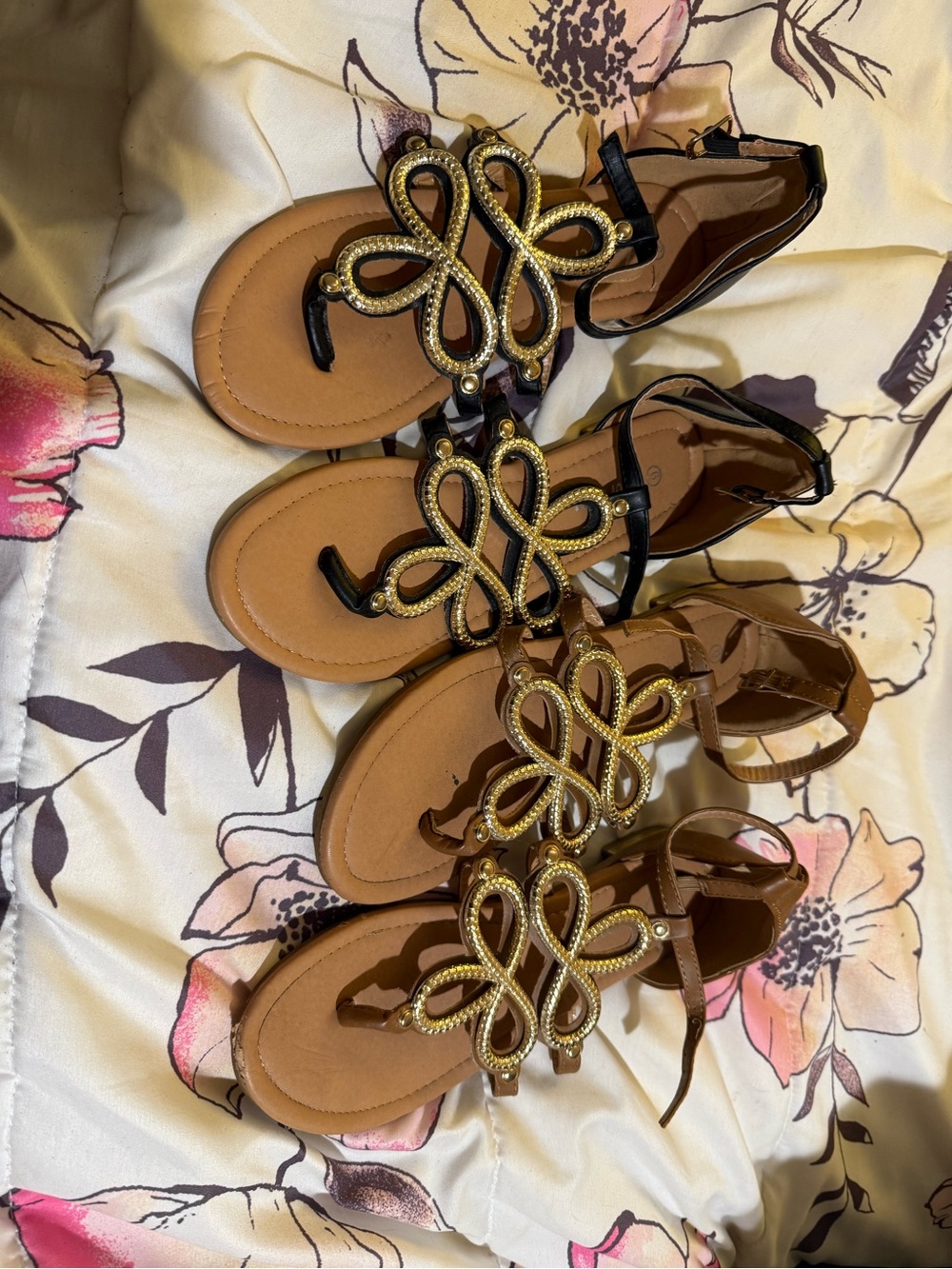 Forever 21 Gold-Embellished T-Strap Sandals in Black and Brown 2paire bundle